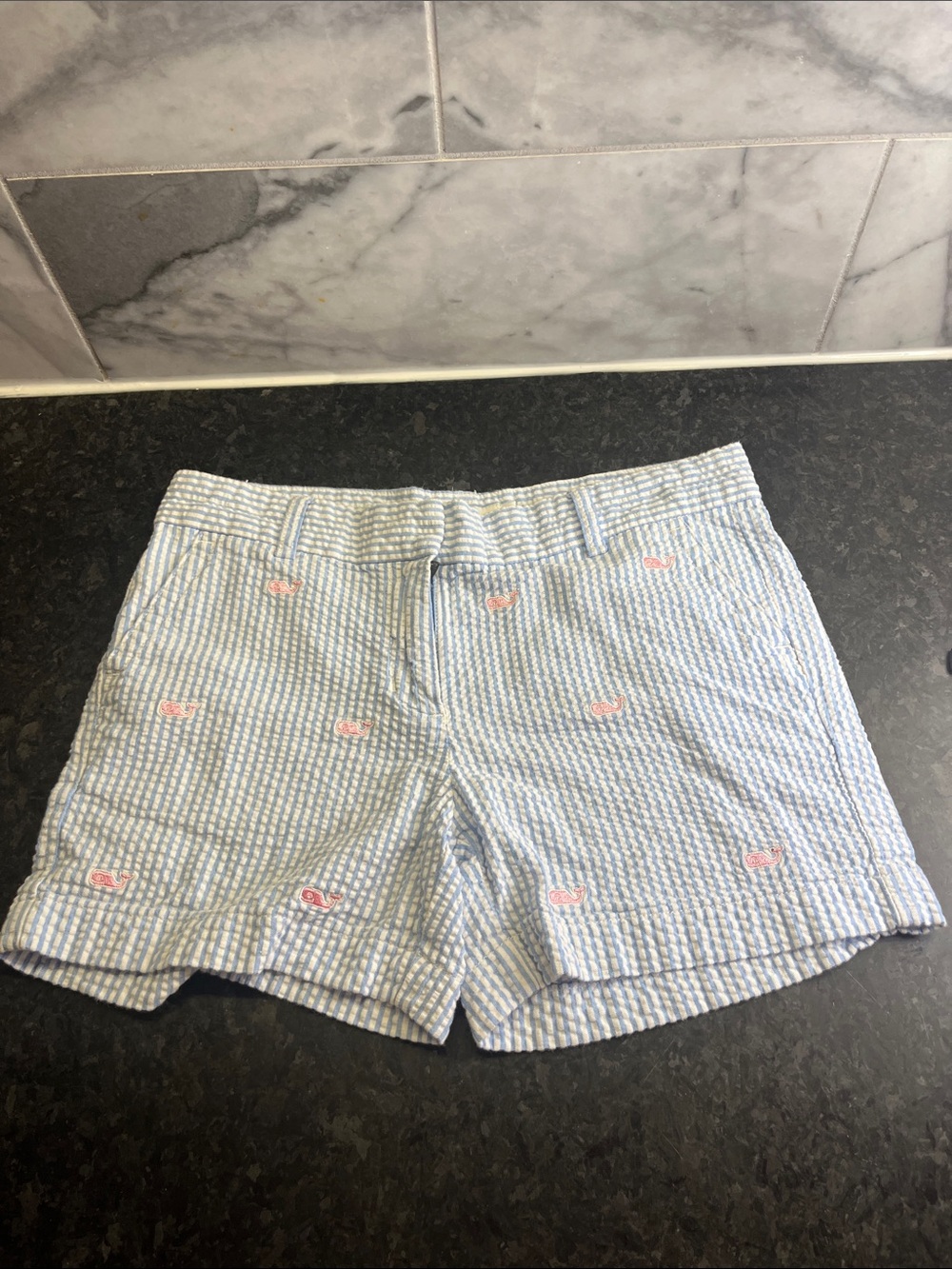 Vineyard Vines Blue & White Seersucker Shorts with Pink Whale Embroidery